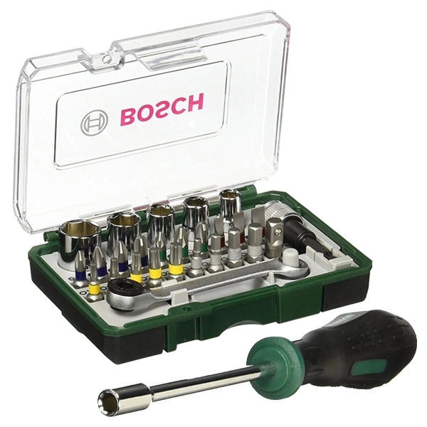 Set capete de insurubare si chei tubulare, mixte, 28 bucati, prelungitor insurubare, surubelnita cu clichet Bosch