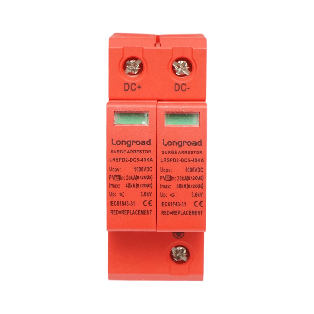 Descarcator la supratensiune cu semnalizare pentru sisteme fotovoltaice LD-SPD-2P-40kA-1000VDC Longroad Descarcator la supratensiune cu semnalizare pentru sisteme fotovoltaice LD-SPD-2P-40kA-1000VDC Longroad - imagine 1
