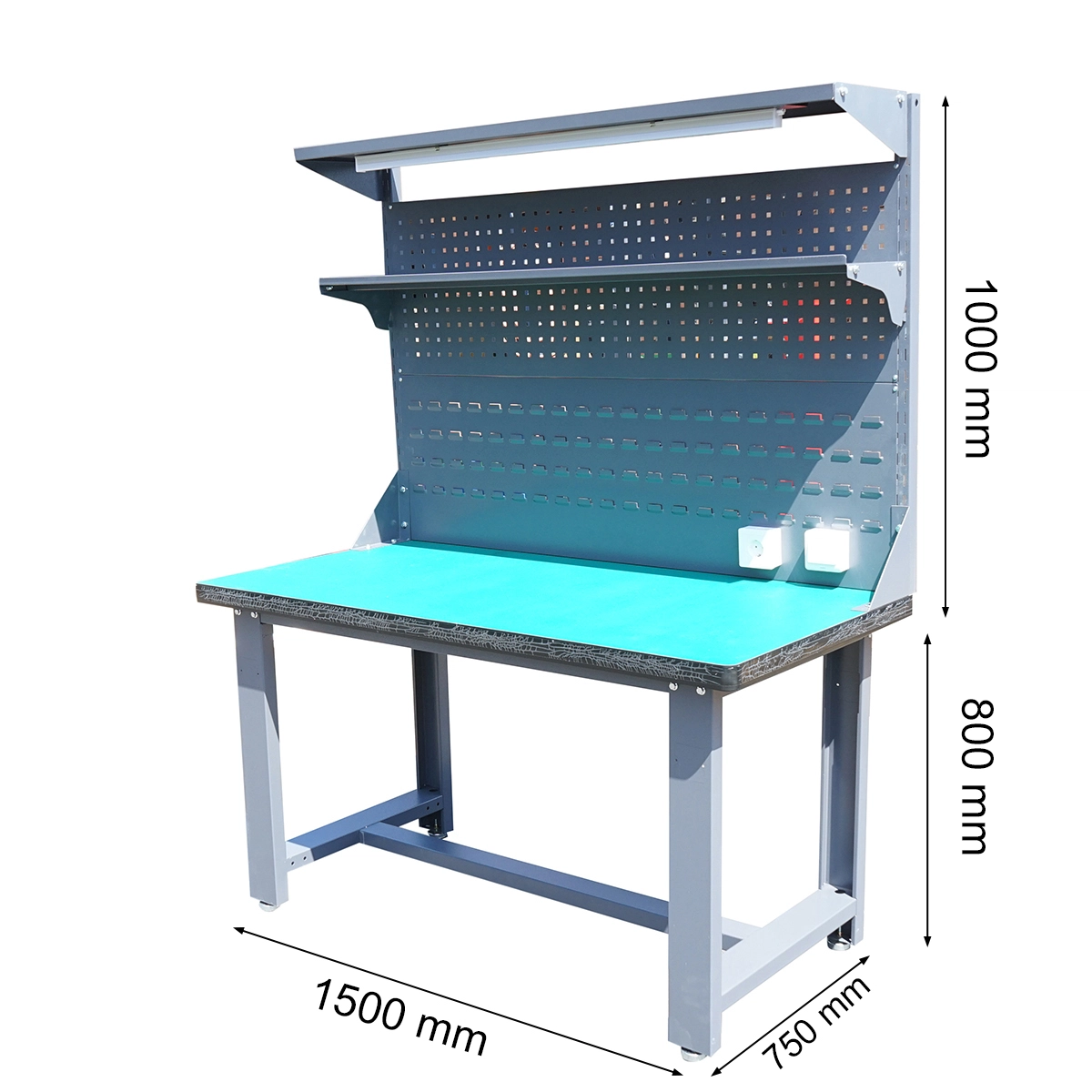 Banc de lucru atelier cu priza 220V, panou perforat si iluminat LED 1500x750x800+1000mm Banc de lucru atelier cu priza 220V, panou perforat si iluminat LED 1500x750x800+1000mm - imagine 1