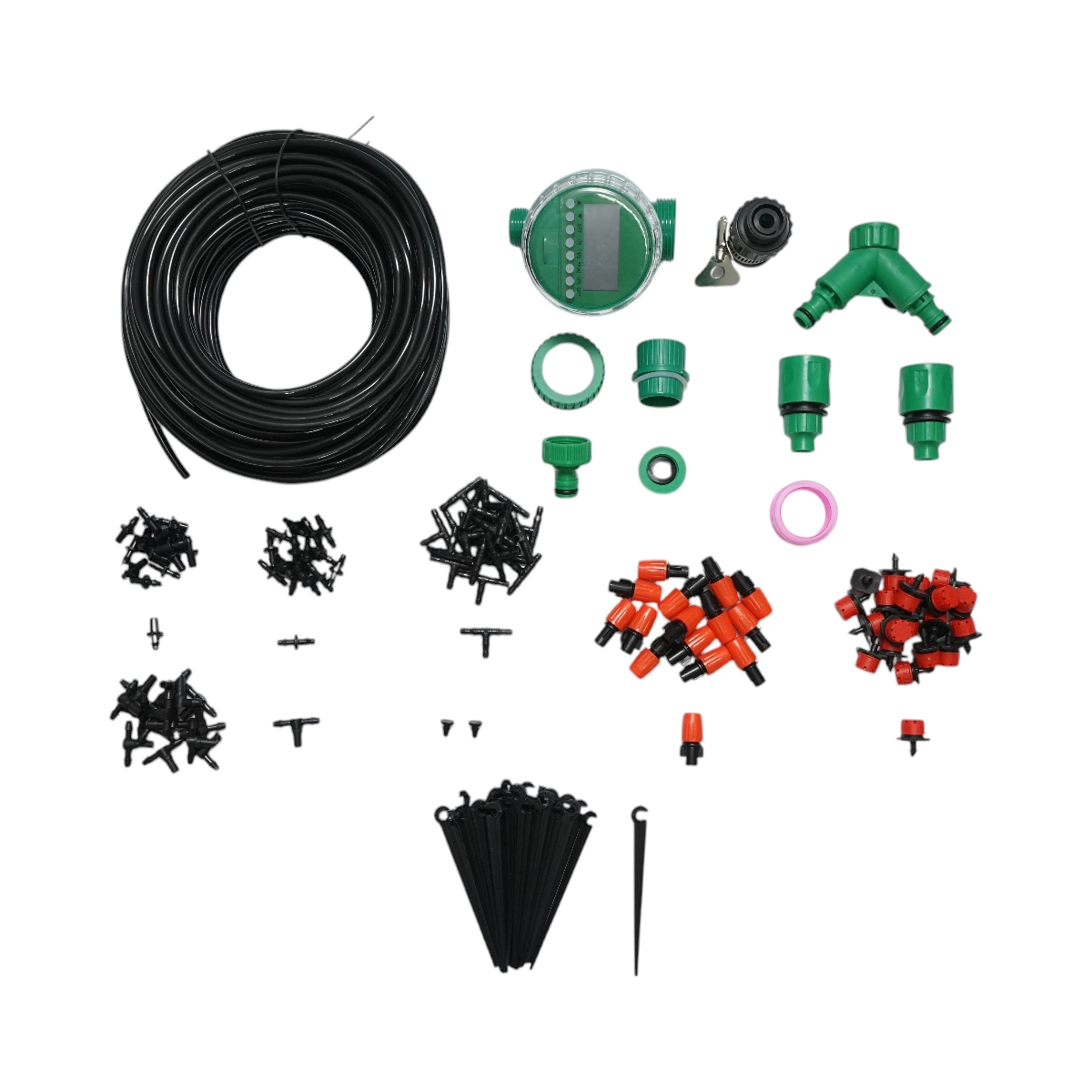 Kit complet irigare prin picurare si pulverizare cu furtun 41m, temporizator, duze, conectori, Kit complet irigare prin picurare si pulverizare cu furtun 41m, temporizator, duze, conectori, tije de fixare 147 piese - imagine 1