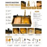 Chiuveta bucatarie multifunctionala din otel inoxidabil auriu PVD cu doua baterii, afisaj digital temperatura, doua cascade, dozator detergent, spalator pahare, scurgator, tava, tocator si accesorii incluse 75x46x22cm - imagine 9