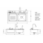 Chiuveta bucatarie multifunctionala din otel inoxidabil auriu PVD cu doua baterii, afisaj digital temperatura, doua cascade, dozator detergent, spalator pahare, scurgator, tava, tocator si accesorii incluse 75x46x22cm - imagine 8