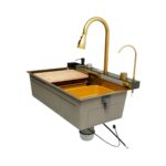 Chiuveta bucatarie multifunctionala din otel inoxidabil auriu PVD cu doua baterii, afisaj digital temperatura, doua cascade, dozator detergent, spalator pahare, scurgator, tava, tocator si accesorii incluse 75x46x22cm - imagine 6