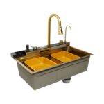 Chiuveta bucatarie multifunctionala din otel inoxidabil auriu PVD cu doua baterii, afisaj digital temperatura, doua cascade, dozator detergent, spalator pahare, scurgator, tava, tocator si accesorii incluse 75x46x22cm - imagine 4