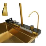 Chiuveta bucatarie multifunctionala din otel inoxidabil auriu PVD cu doua baterii, afisaj digital temperatura, doua cascade, dozator detergent, spalator pahare, scurgator, tava, tocator si accesorii incluse 75x46x22cm - imagine 14