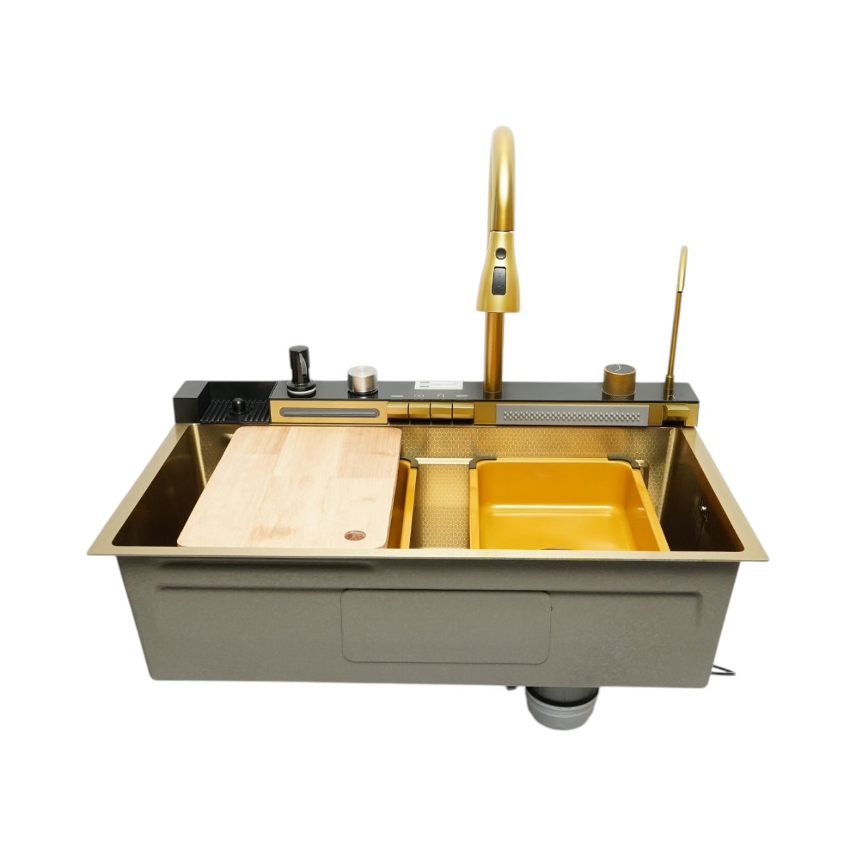 Chiuveta bucatarie multifunctionala din otel inoxidabil auriu PVD cu doua baterii Chiuveta bucatarie multifunctionala din otel inoxidabil auriu PVD cu doua baterii, afisaj digital temperatura, doua cascade, dozator detergent, spalator pahare, scurgator, tava, tocator si accesorii incluse 75x46x22cm - imagine 1