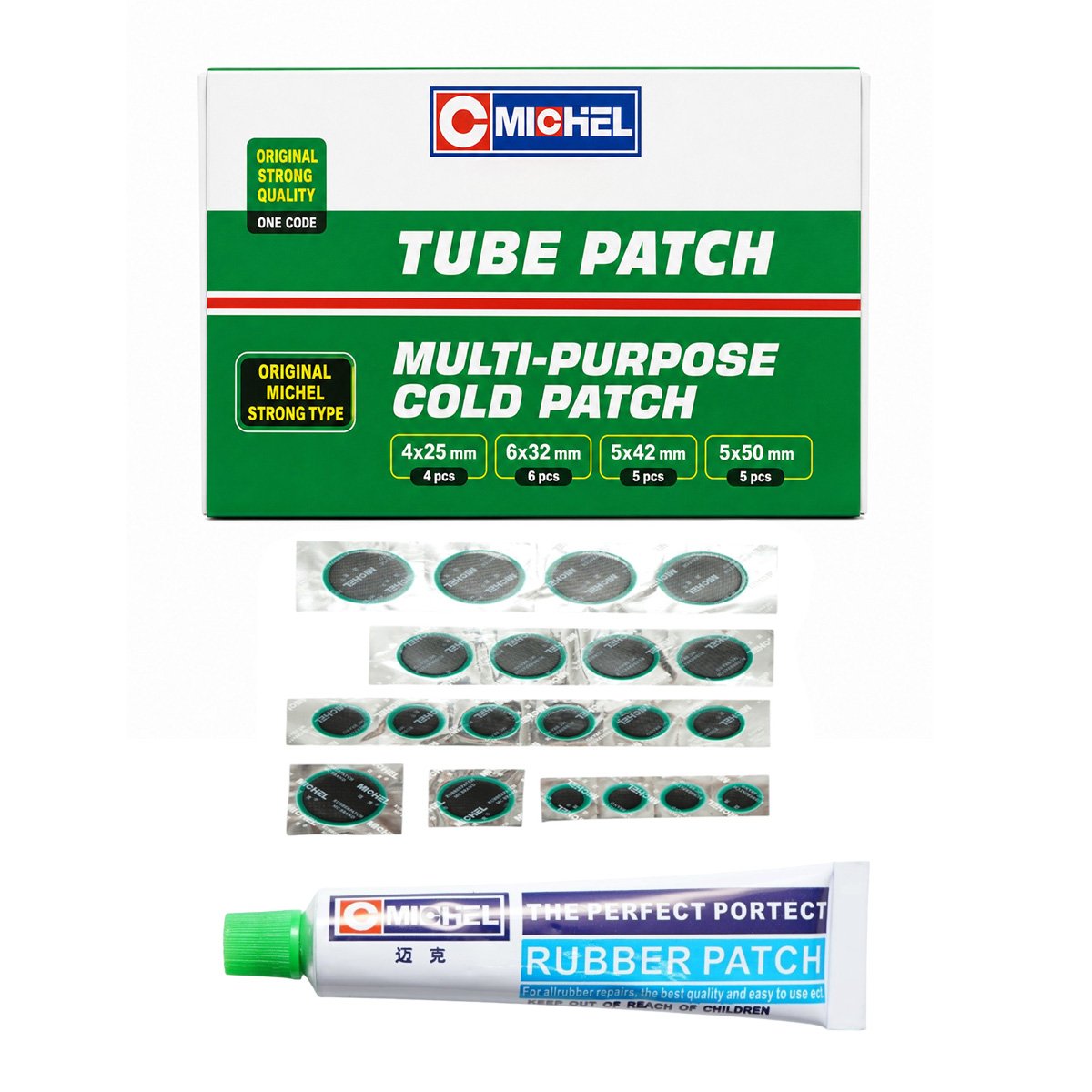 Set 20 petice vulcanizare rotunde 25mm, 32mm, 42mm, 50mm + 1 tub adeziv 20ml pentru camere de aer Michel Set 20 petice vulcanizare rotunde 25mm, 32mm, 42mm, 50mm + 1 tub adeziv 20ml pentru camere de aer Michel - imagine 1